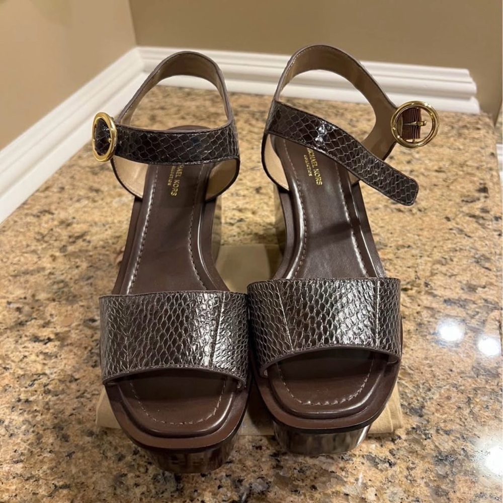 Michael Kors Brown Metallic Snake-Embossed Platform Sandals